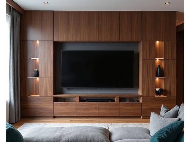 Skreddersydd TV-benk i mørkt tre med glatte linjer, montert på veggen i en moderne stue med minimalistisk innredning.