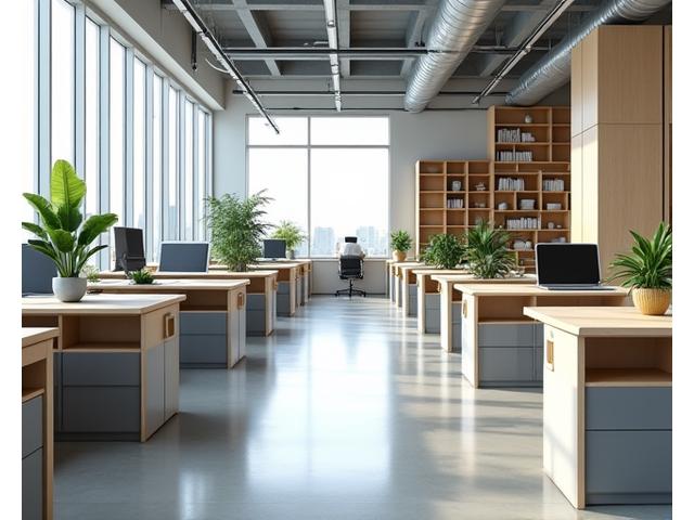 Modulære skrivebord og hyller i et minimalistisk kontorlandskap, med grønne planter og naturlig lys.