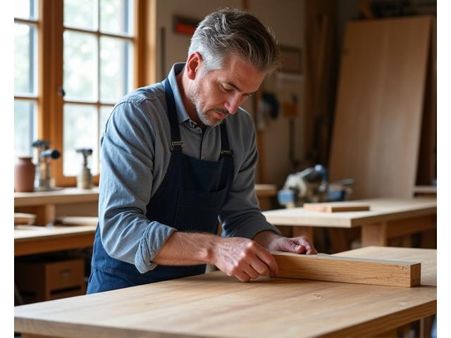 En erfaren møbelsnekker inspiserer nøye detaljene på et nesten ferdig møbelstykke i et lyst verksted.