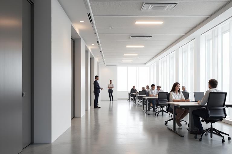 Et moderne kontor med diskrete akustiske paneler på veggene som forbedrer lyd