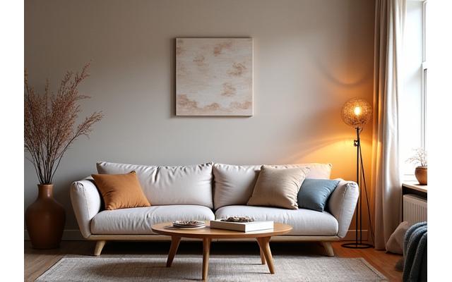 Et koselig stueinteriør med vakkert tapet og nordisk innredning