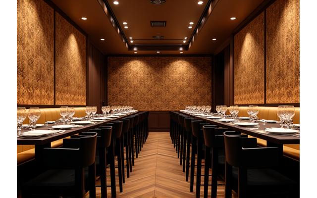 En elegant restaurant med stemningsfull veggdesign og innbydende belysning