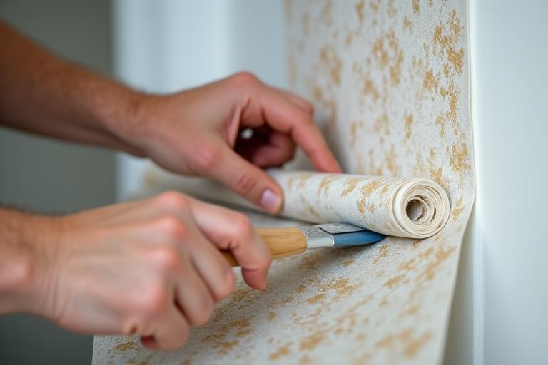 En erfaren tapetserer monterer nøye en tapet på en vegg