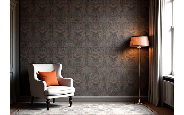 Et elegant rom med en dramatisk, mønstret tapet bak en lenestol