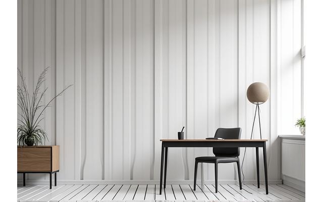 Et moderne kontorlandskap med geometrisk mønstret tapet og rene linjer