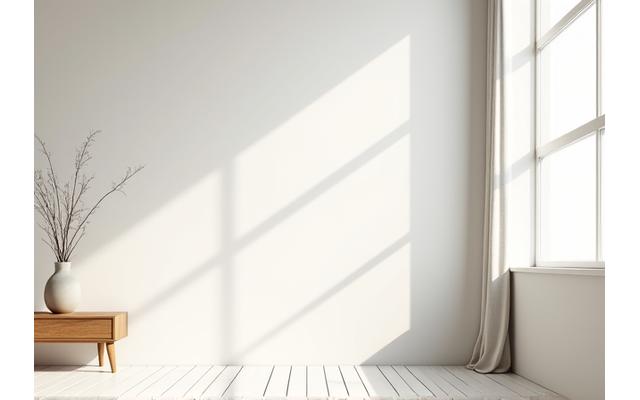 Et lyst rom med en minimalistisk, teksturert tapet i nordisk stil