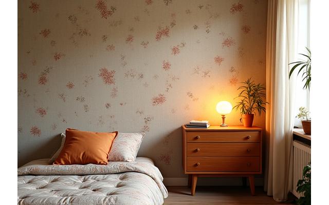 Et rom med vintage-inspirert tapet og retro møbler