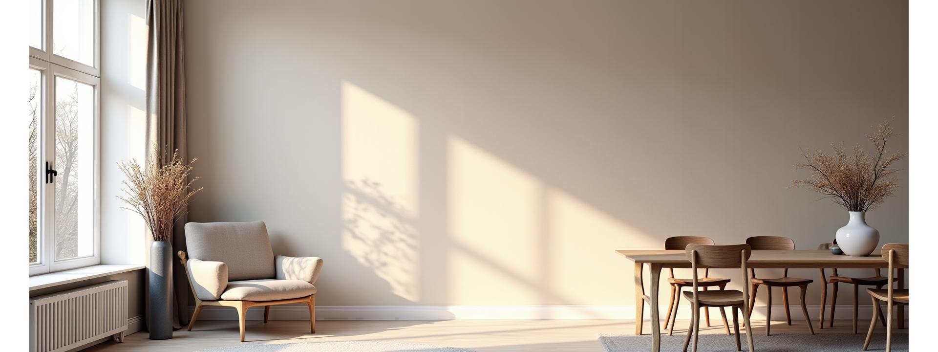 Stilrent rom med moderne designertapet i nordisk stil og naturlig lys