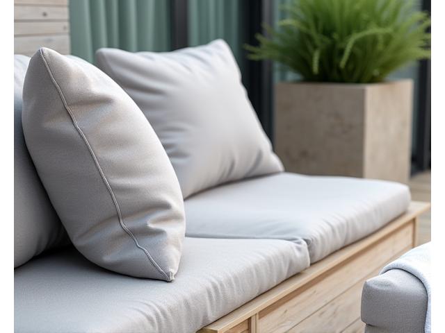 Moderne utendørs loungemøbler med tykke puter på en solrik terrasse