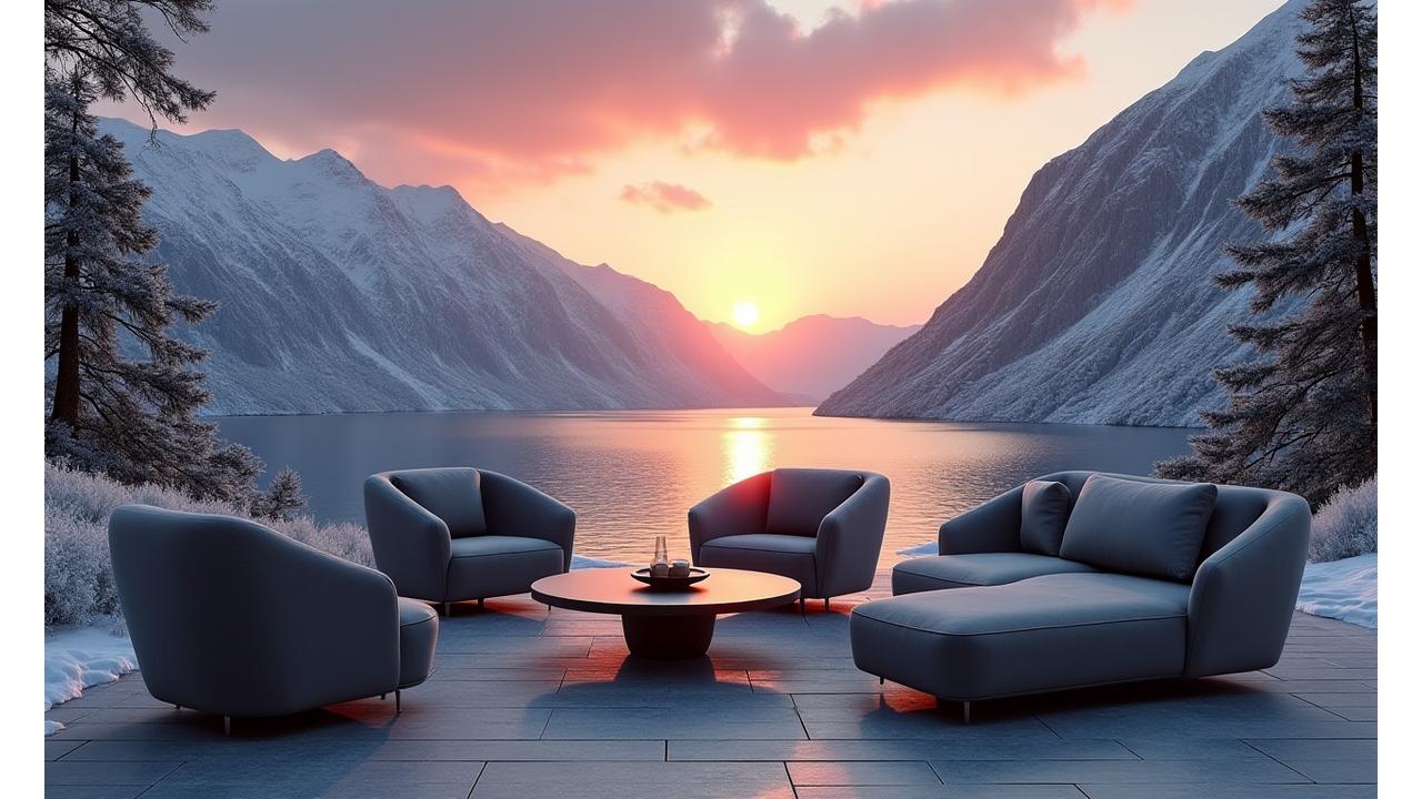 Moderne utendørs loungemøbler på en terrasse i nordnorsk natur med snødekte fjell i bakgrunnen og midnattssol