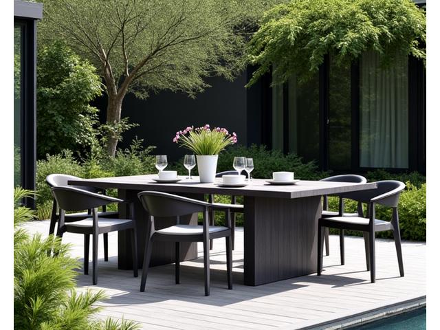 Rustikt, men moderne spisebord og stoler i tre for utendørs bruk