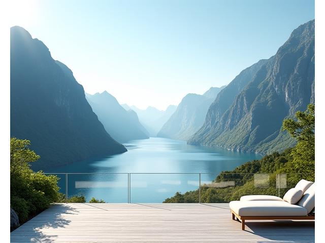 Utsiktsterrasse med komfortable utendørsmøbler, panoramautsikt over fjord og fjell