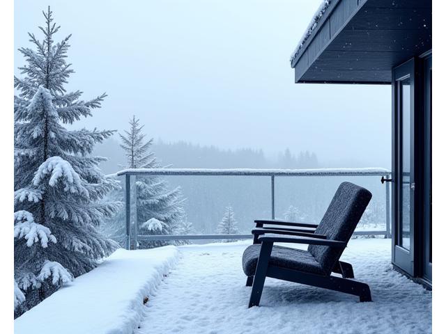 Vintertrygg uteplass med robuste møbler dekket av et lett snølag, med utsikt over nordnorsk vinterlandskap
